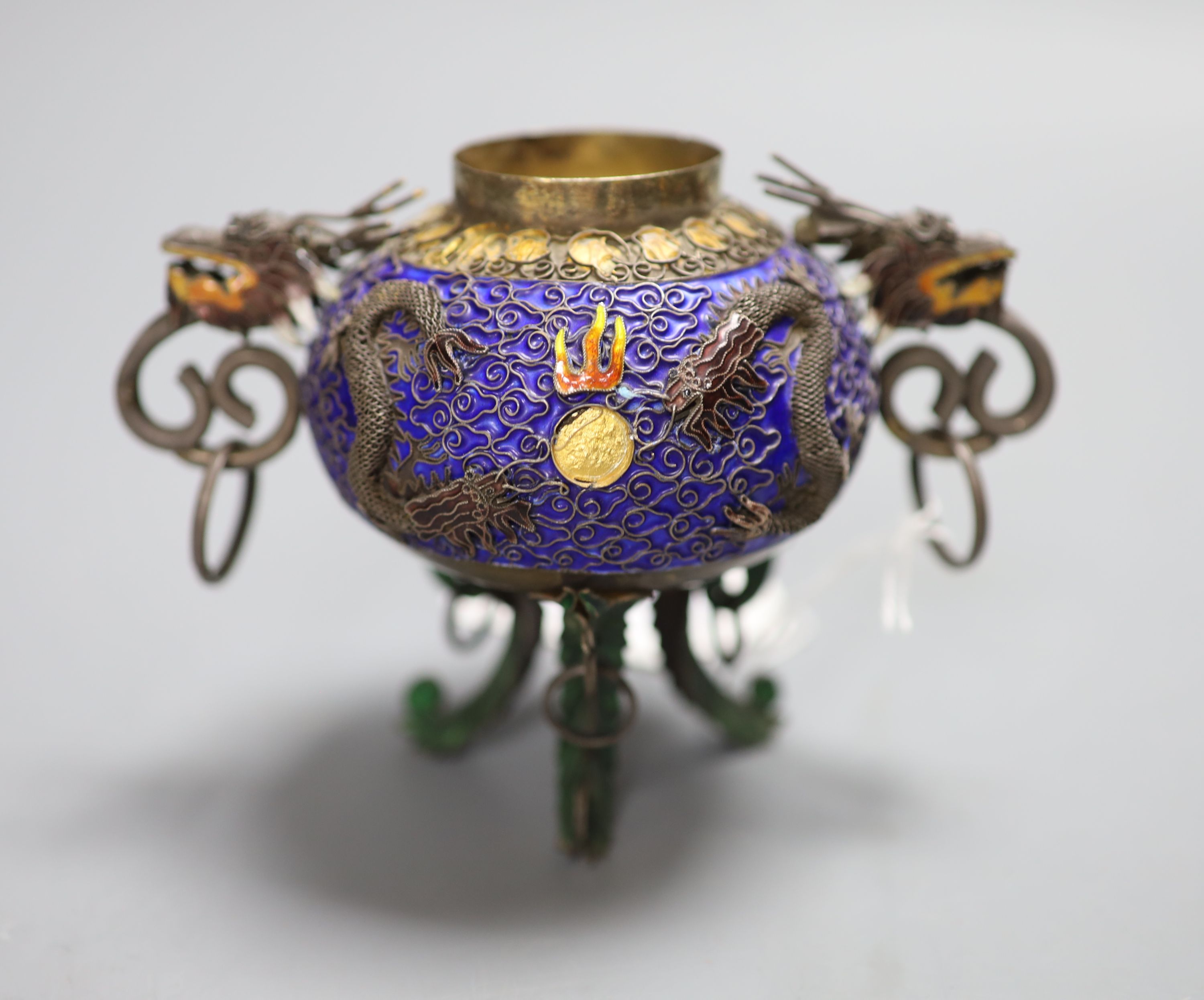 A Chinese white metal and enamel tripod censer (lacking cover), and two model pheasants